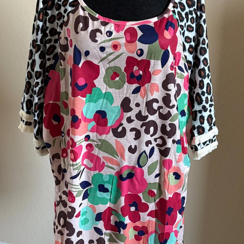 MISSLOOK Pullover Top, 2XL, Floral and Animal print with fringe